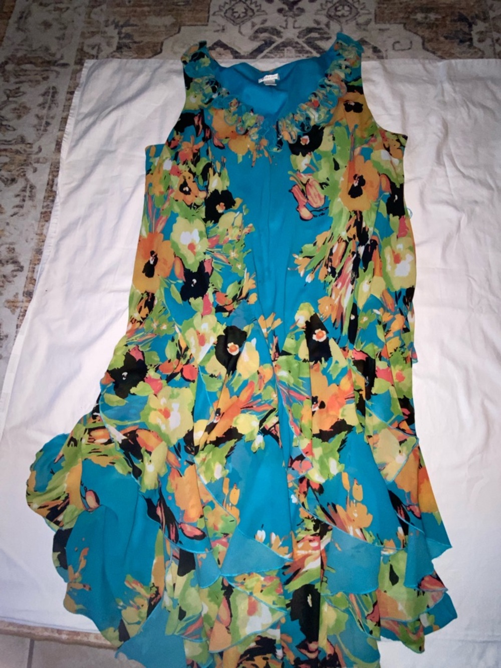 Amanda Lane Teal Multi-Color Floral Ruffle Maxi Dress